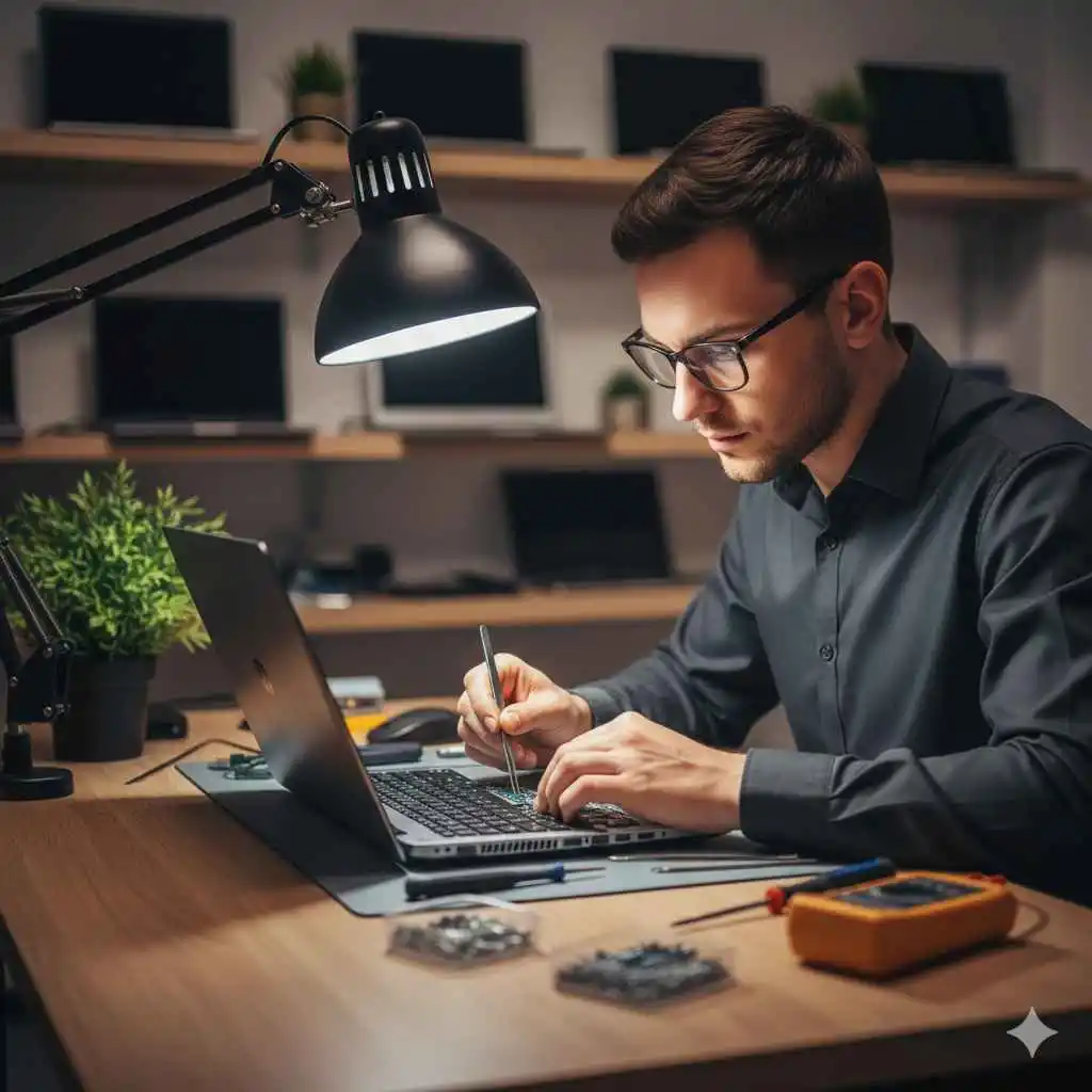 serwisant przy naprawie laptopa